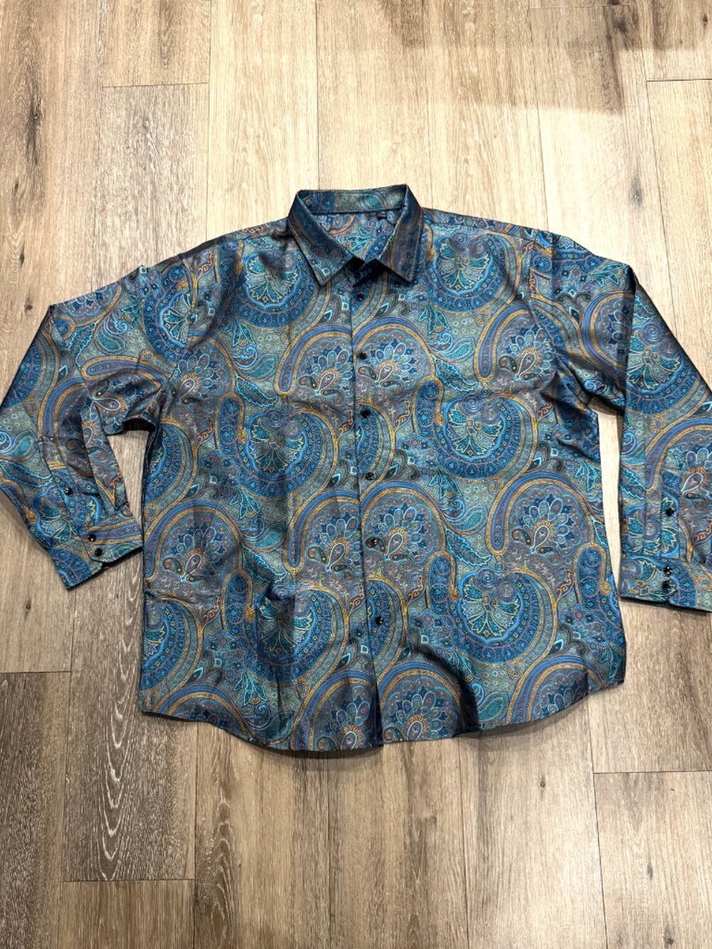 Italian Teal Gold Ornate Paisley Satin Finish Long Sleeve Shirt  Size XXL
